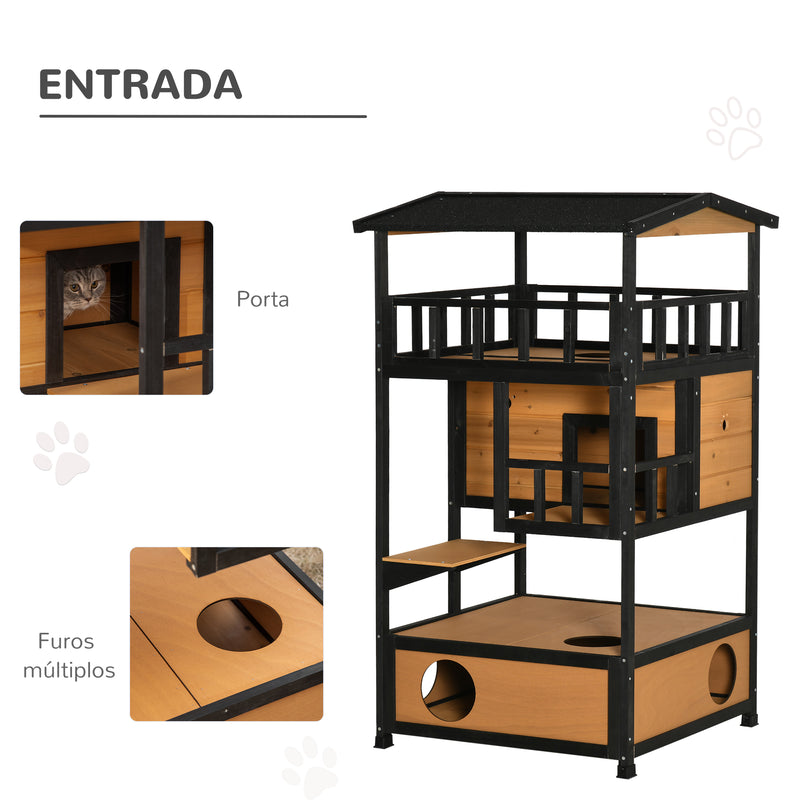 Casa para Gatos de Madeira 75,5x75x137 cm Abrigo para Gatos com Telhado Asfáltico Plataformas e Ninho para Interior e Exterior Natural