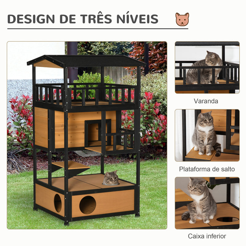 Casa para Gatos de Madeira 75,5x75x137 cm Abrigo para Gatos com Telhado Asfáltico Plataformas e Ninho para Interior e Exterior Natural