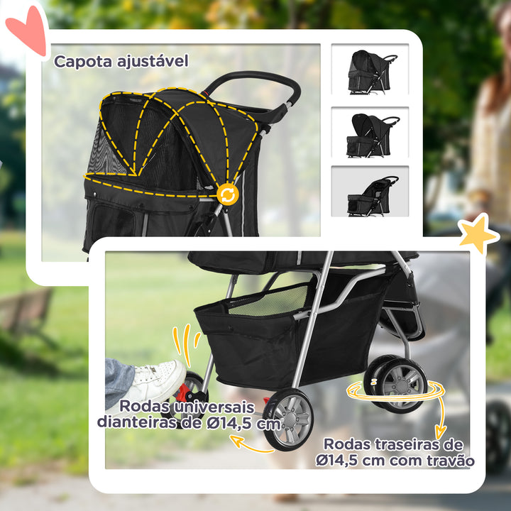 Carrinho de Passeio para Animais de Estimação Carrinho para Cães e Gatos Dobrável com Capô Ajustável Cesta de Armazenamento Suporte para Copos e Travão 75x45x97 cm Preto