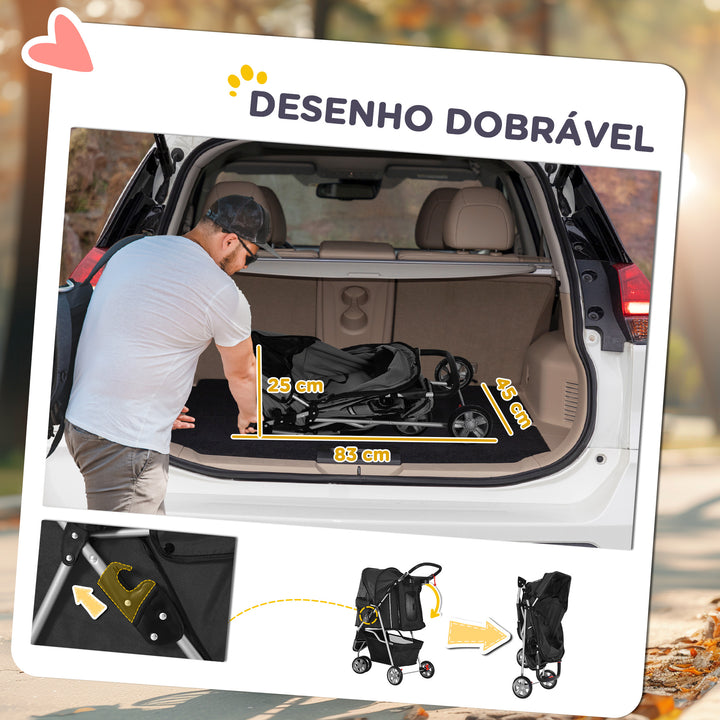 Carrinho de Passeio para Animais de Estimação Carrinho para Cães e Gatos Dobrável com Capô Ajustável Cesta de Armazenamento Suporte para Copos e Travão 75x45x97 cm Preto
