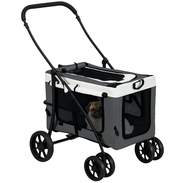 Carrinho para Animais de Estimação Carrinho para Cães Dobrável com Compartimento Desmontável 4 Portas com Fecho de Correr 2 Correias de Segurança e de Transporte 81x58x97,5 cm Cinza