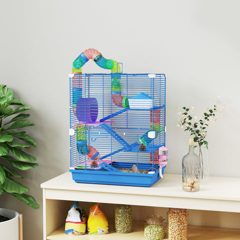 - Jaula para Hamster de 5 Níveis, Casa para Roedores Pequenos com Túnel, Plataformas, Tigela, Bebedouro, Casinha, Rampas e Roda de Exercício, para Gerbos, 46x30x58 cm, Azul