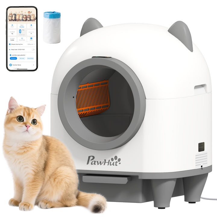 Caixa de Areia Autolimpante para Gatos 80L Caixa de Areia Autolimpante Eliminação de Odores Controlo por APP Proteção de Segurança 1 Rolo de Sacos do Lixo 55,5x51x60 cm Branco