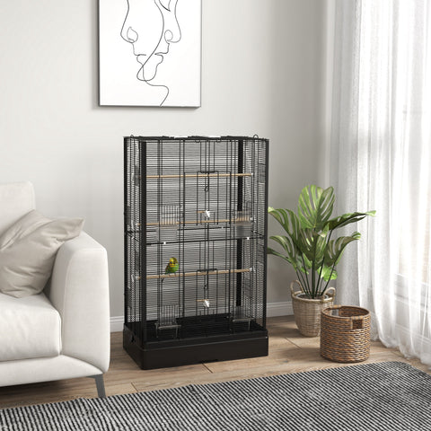 Gaiola para Pássaros 61x36,5x98 cm Gaiola para Aves com Portas Poleiros Bandeja Removível Caixas de Comida e Alças para Canários Periquitos Preto