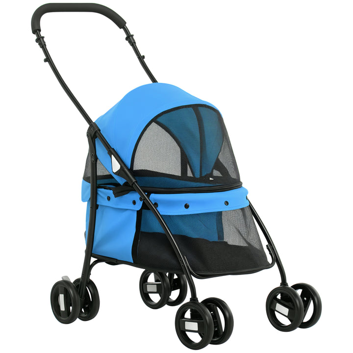 Carrinho para Animais de Estimação Dobrável Carrinho de Passeio para Cães e Gatos com Janela de Malha Almofada Lavável Arnês de Segurança e Estrutura de Aço 82x47x97cm Azul