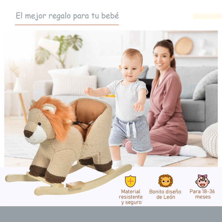 Baloiço Infantil em Forma de Leão de Pelúcia para Bebés 18-39 Meses com Som Cinto de Segurança Guidão Apoio para os Pés 68x35x50cm Marrom