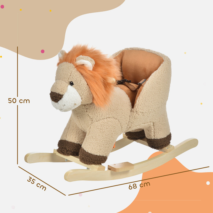 Baloiço Infantil em Forma de Leão de Pelúcia para Bebés 18-39 Meses com Som Cinto de Segurança Guidão Apoio para os Pés 68x35x50cm Marrom