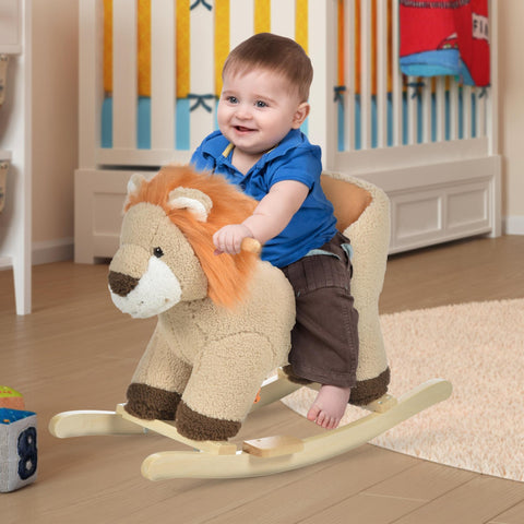 Baloiço Infantil em Forma de Leão de Pelúcia para Bebés 18-39 Meses com Som Cinto de Segurança Guidão Apoio para os Pés 68x35x50cm Marrom