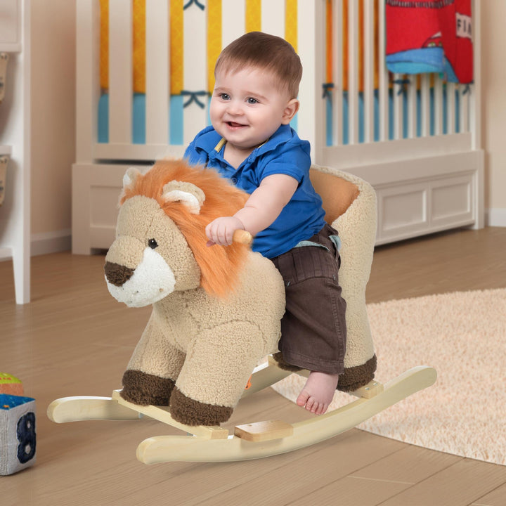 Baloiço Infantil em Forma de Leão de Pelúcia para Bebés 18-39 Meses com Som Cinto de Segurança Guidão Apoio para os Pés 68x35x50cm Marrom