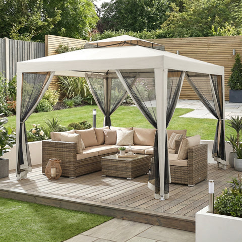 Pérgola de Jardim 297x297cm Pérgola com 4 Mosquiteiras Teto Duplo 8 Orifícios de Drenagem e Estrutura de Metal para Pátio Exterior Creme