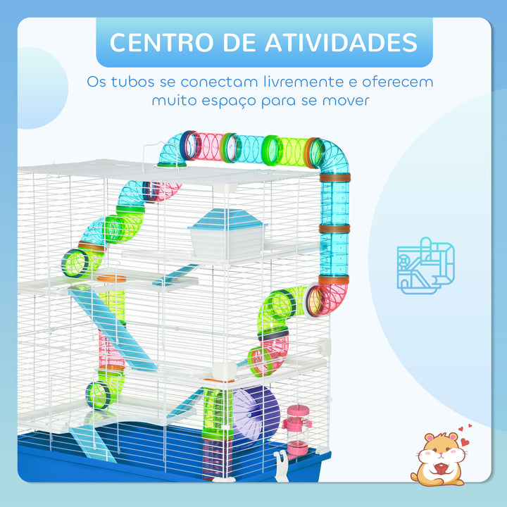 Gaiola para Hámster Grande 59x36x69cm Gaiola para Roedores com 4 Plataformas Tubos Comedouro Bebedouro 4 Rampas Roda de Exercícios e 2 Alças Portáteis Multicor