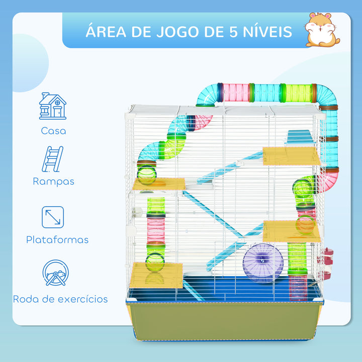 Gaiola para Hámster Grande 59x36x69cm Gaiola para Roedores com 4 Plataformas Tubos Comedouro Bebedouro 4 Rampas Roda de Exercícios e 2 Alças Portáteis Multicor