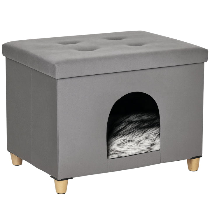 Caverna para Gatos Dobrável 2 em 1 Banco para Apoio dos Pés com Tampa Removível Orifício de Entrada Almofada Lavável e Pés Elevados de Madeira para Interior 60x45x44,5cm Cinza