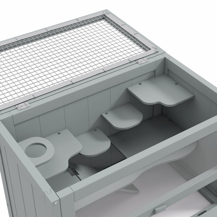 Gaiola de Madeira para Hamsters Gaiola para Roedores Gaiola para Pequenos Animais com 2 Níveis Plataforma Rampa 60x35x42 cm Cinza