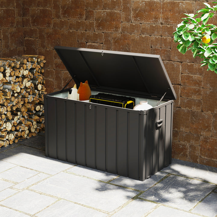 Baú Exterior com Capacidade de 450L Baú de Armazenamento em Aço com 4 Rodas 2 Pegas e Tampa com Ranhura para Cadeado Resistente às Condições Climáticas para Jardim Terraço Pátio 125,5x61,5x70 cm Cinzento Escuro