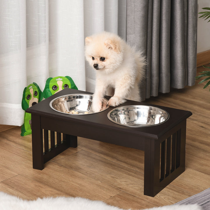 Comedouro Elevado para Cães com Suporte e 2 Tigelas Amovíveis de Aço Inoxidável Alimentador para Animais de Estimação 44x24x15 cm Marrom