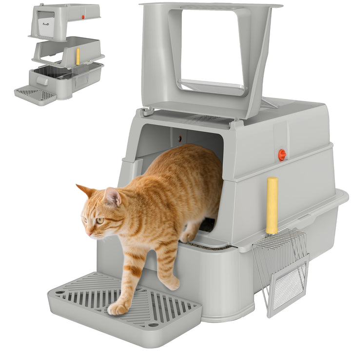 Caixa de Areia para Gatos de Aço Inoxidável XL com Tampa Articulada 180° Laterais Altas Pedal Pá Sem Odores Fácil de Limpar,Antiderrapante 63x43x43 cm Cinza Claro