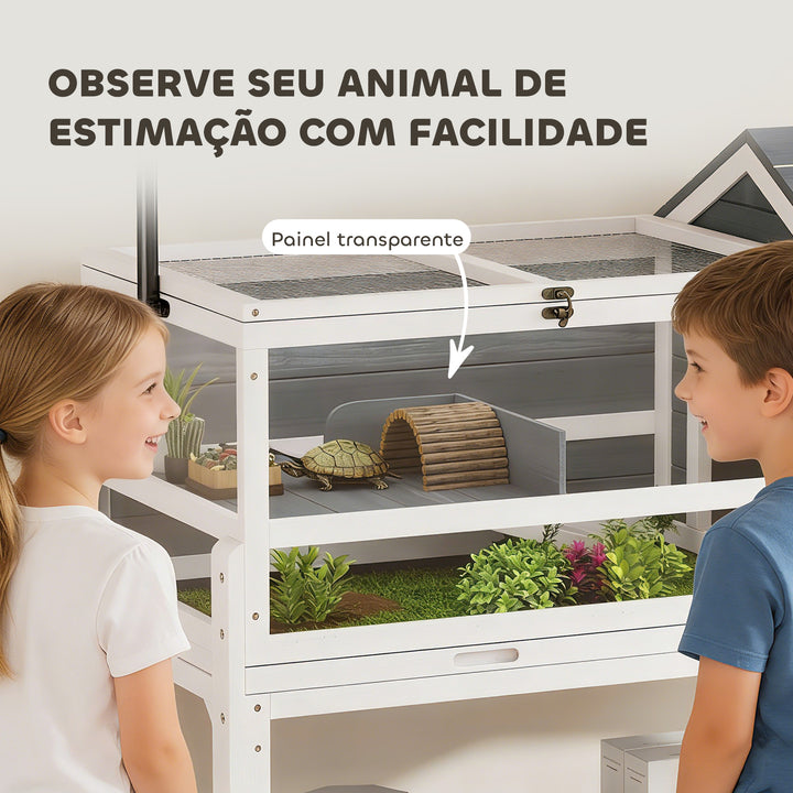Casa para Tartarugas de Madeira Terrário para Répteis com Suporte para Lâmpada Ajustável Tampas Articuladas Bandeja Removível Prateleira de Armazenamento e Painéis Transparentes 124x55x109 cm Branco e Cinza