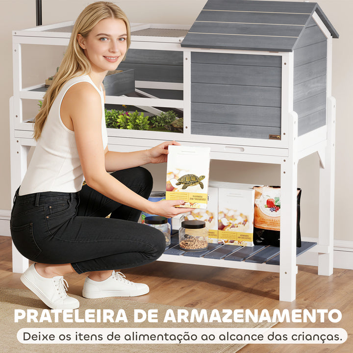 Casa para Tartarugas de Madeira Terrário para Répteis com Suporte para Lâmpada Ajustável Tampas Articuladas Bandeja Removível Prateleira de Armazenamento e Painéis Transparentes 124x55x109 cm Branco e Cinza