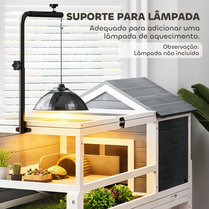 Casa para Tartarugas de Madeira Terrário para Répteis com Suporte para Lâmpada Ajustável Tampas Articuladas Bandeja Removível Prateleira de Armazenamento e Painéis Transparentes 124x55x109 cm Branco e Cinza