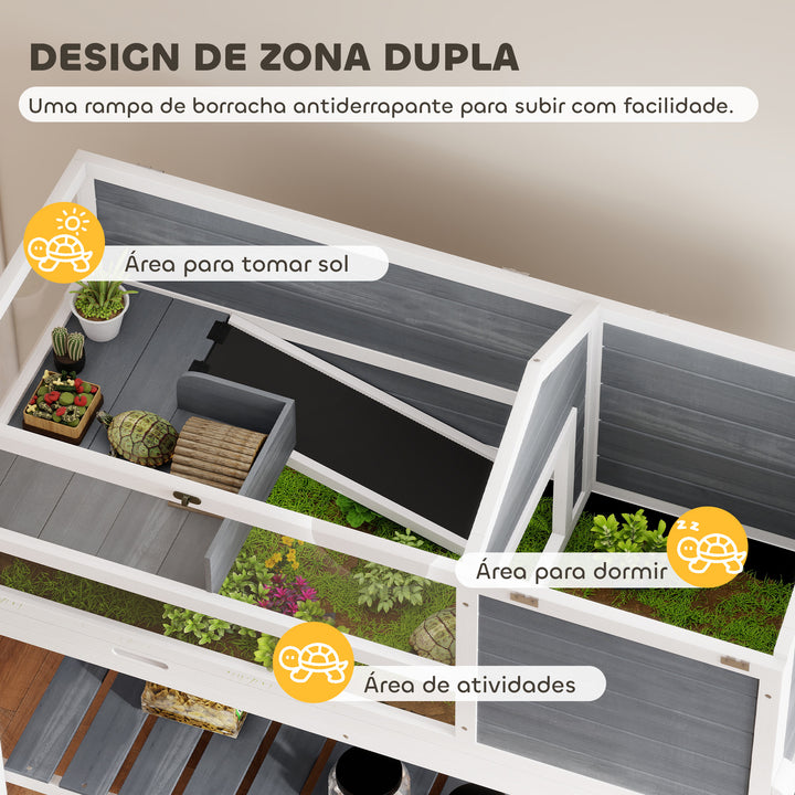 Casa para Tartarugas de Madeira Terrário para Répteis com Suporte para Lâmpada Ajustável Tampas Articuladas Bandeja Removível Prateleira de Armazenamento e Painéis Transparentes 124x55x109 cm Branco e Cinza