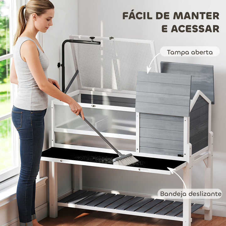 Casa para Tartarugas de Madeira Terrário para Répteis com Suporte para Lâmpada Ajustável Tampas Articuladas Bandeja Removível Prateleira de Armazenamento e Painéis Transparentes 124x55x109 cm Branco e Cinza