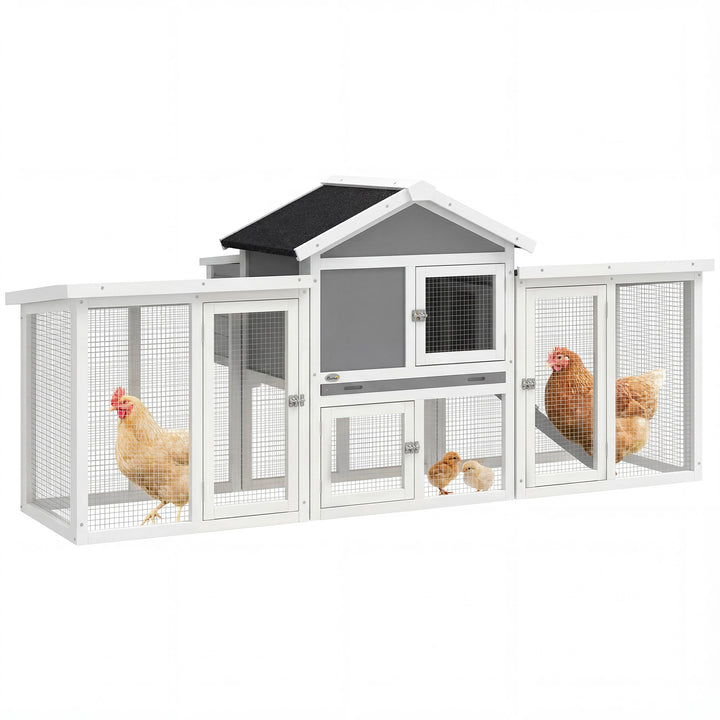 Galinheiro Grande para Exterior de Madeira 204x85x93 cm com Caixa de Nidificação Cercado Bandeja Removível Telhado Impermeável, Rampa e Poleiro Cinzento