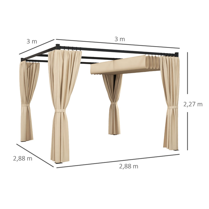 Pérgola de Jardim 3x3 m Pérgola para Exterior com Teto e Paredes Laterais Retráteis Estrutura Metálica Impermeável para Terraço Pátio Bege
