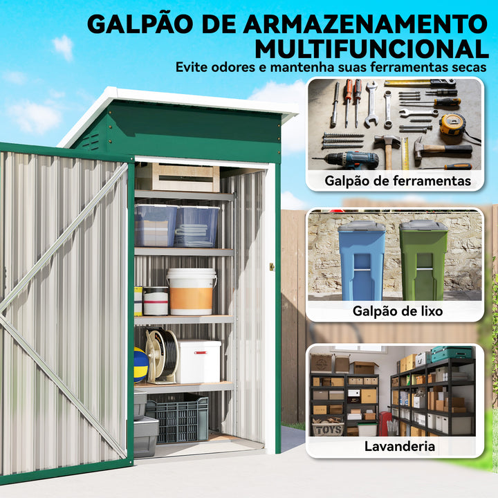 Abrigo Exterior Metálico 107,5x91x185 cm Abrigo de Jardim com Teto Inclinado Porta com Trinco Ventilação e Luvas Abrigo de Armazenamento para Ferramentas Verde