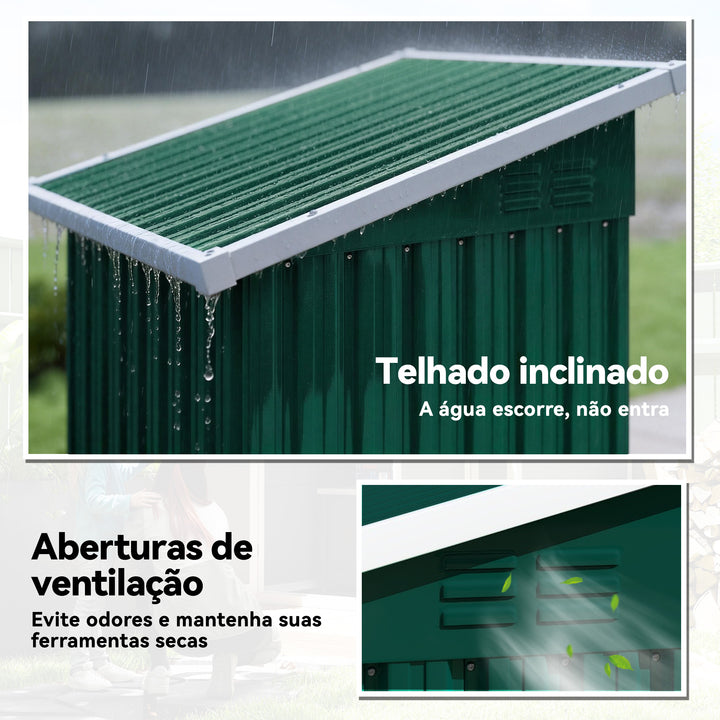 Abrigo Exterior Metálico 107,5x91x185 cm Abrigo de Jardim com Teto Inclinado Porta com Trinco Ventilação e Luvas Abrigo de Armazenamento para Ferramentas Verde