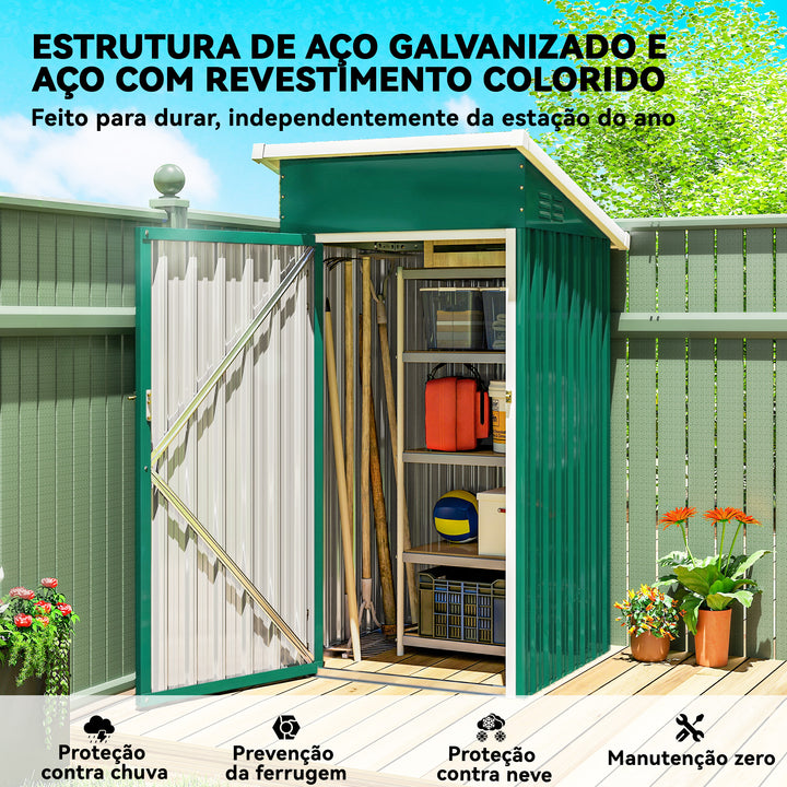 Abrigo Exterior Metálico 107,5x91x185 cm Abrigo de Jardim com Teto Inclinado Porta com Trinco Ventilação e Luvas Abrigo de Armazenamento para Ferramentas Verde