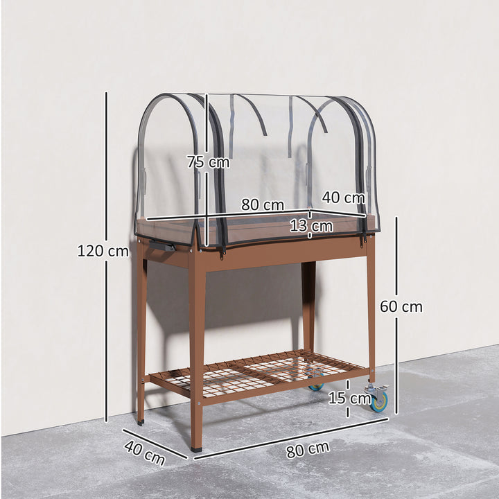 Mesa de Cultivo com Rodas 80x40x120 cm Horta Urbana Elevada com Cobertura de Estufa e Prateleira Inferior para Cultivar Plantas Flores e Vegetais Marróm