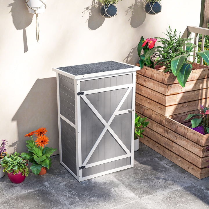 Armário de Jardim de Madeira 75x56x115cm Armário de Jardim para Ferramentas com 3 Prateleiras Interiores Porta com Trava e Teto Asfáltico Cinza