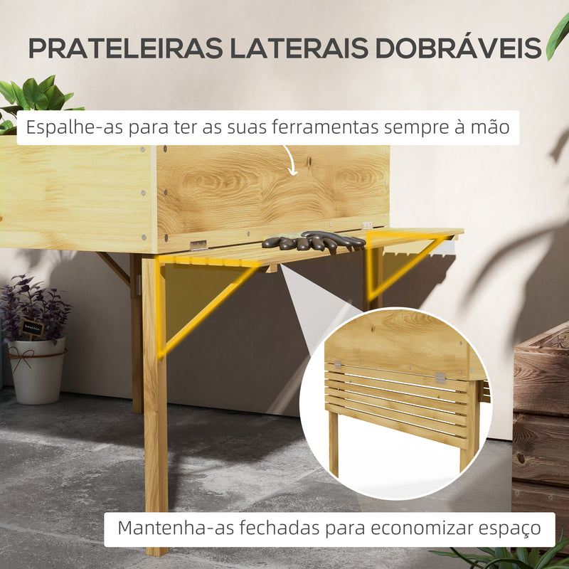 Horta Elevada de Madeira Horta Urbana Mesa de Cultivo 122x91,5x89 cm com 2 Prateleiras Dobráveis e Tecido Não Tecido para Cultivo Plantas Flores Vegetais Natural