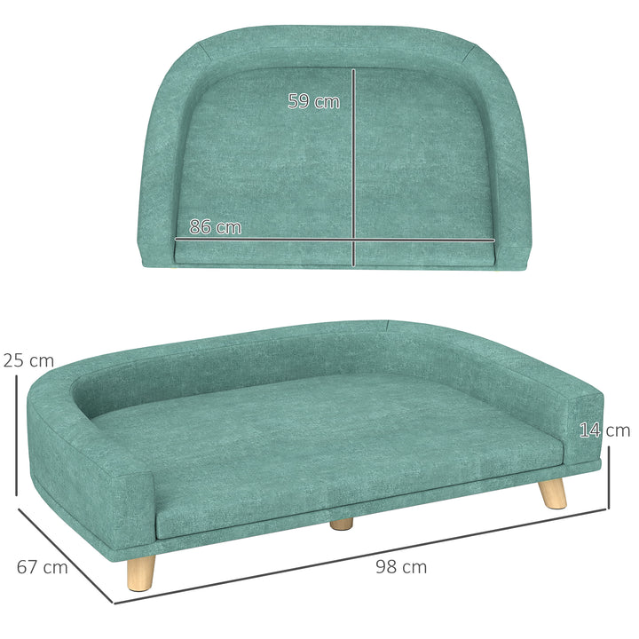 Sofá para Cães Cama Elevada para Cães Estofada com Almofada Lavável e Pés de Madeira de Pinho Carga Máxima 40 kg 98x67x25 cm Verde