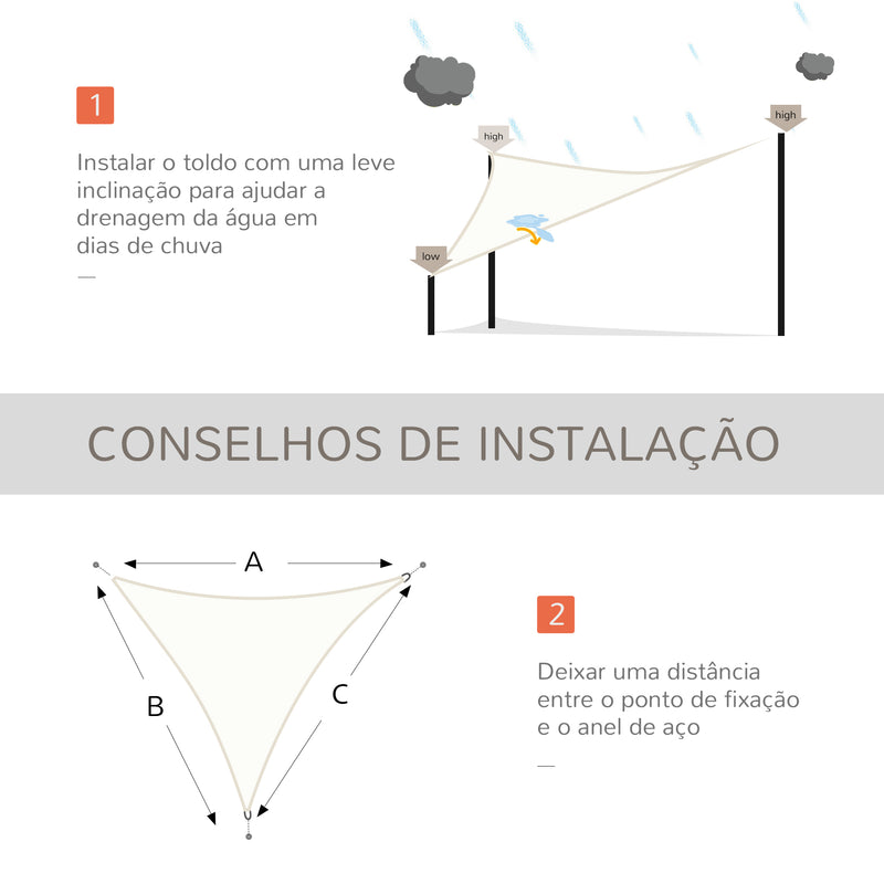 Vela de Sombra Triangular 3x3x3 m Toldo Vela de Poliéster com Proteção UV Aneis em Forma de D e Cordas para Jardim Pátio Piscina Creme