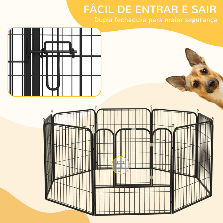 Parque para animais de estimação com 8 Varas Dobrável com Porta e Dupla Trava 79x79cm Preto