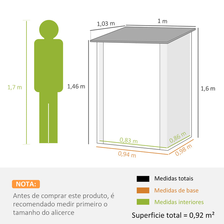 Abrigo de Jardim 0,92 m² 100x103x160cm Abrigo Exterior de Aço Galvanizado com Porta Fechadura e Teto Inclinado para Armazenamento de Ferramentas Cinza Escuro