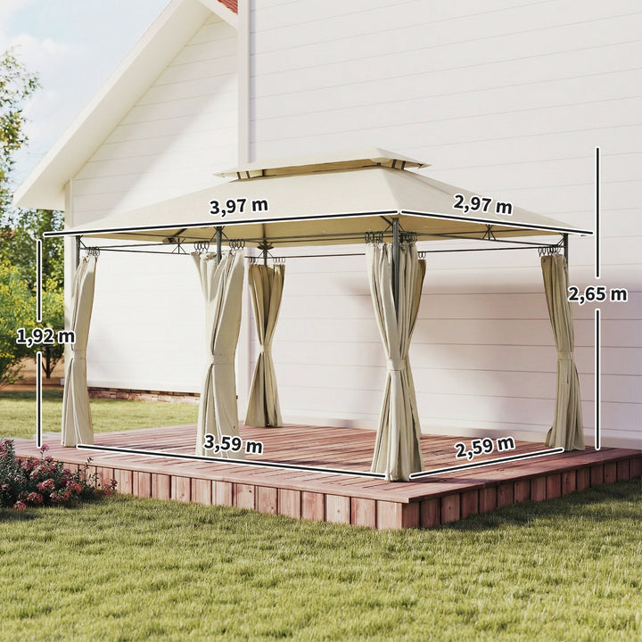 Pérgola de Jardim 397x297x265 cm Pérgola de Exterior com Teto Duplo Paredes Laterais Resistente a Água Pérgola para Pátio Bege