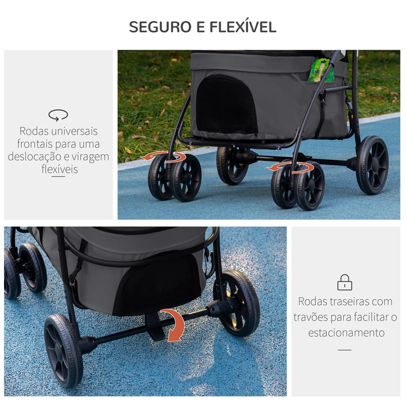 Carrinho para Animais de Estimação 2 em 1 Carrinho para Cães Dobrável com 2 Correias de Segurança Almofadado e Estrutura de Aço 81x68x98,5 cm Cinza Escuro