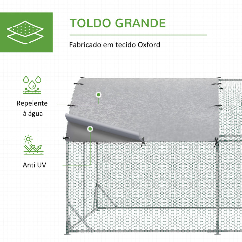 Galinheiro para Exterior Grande 2,8x7,60x1,97 m Galinheiro para 16-24 Galinhas de Aço Galvanizado com Teto de Tecido Oxford para Coelhos Aves Prata