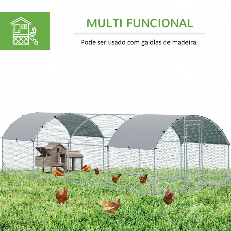 Galinheiro para Exterior Grande 2,8x7,60x1,97 m Galinheiro para 16-24 Galinhas de Aço Galvanizado com Teto de Tecido Oxford para Coelhos Aves Prata