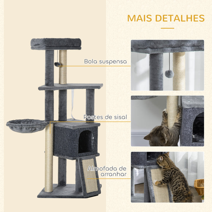 Arranhador para Gatos 127 cm Torre Escalador com Caverna Rede Cama Plataformas Rampa de Sisal Bola Pendurada Cinza
