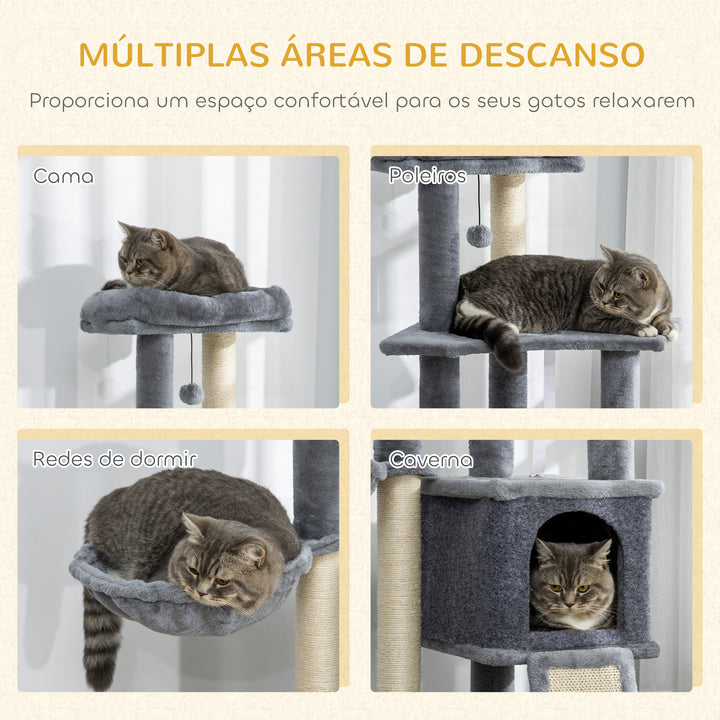 Arranhador para Gatos 127 cm Torre Escalador com Caverna Rede Cama Plataformas Rampa de Sisal Bola Pendurada Cinza