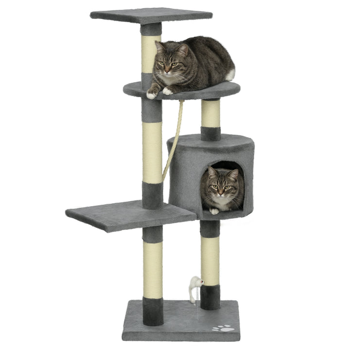 Arranhador para Gatos com Arranhador de 116 cm e 4 Níveis com Poste para Afiar as Garras Caverna Espaçosa Plataformas e Brinquedos Divertidos 40x40x116 cm Cinzento Escuro