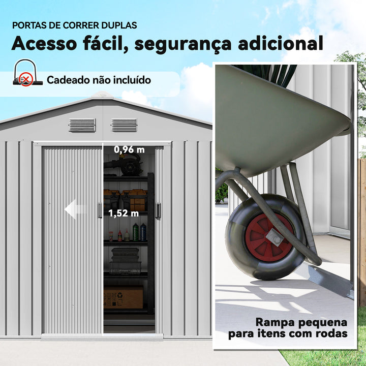 Abrigo de Jardim Exterior 4,9 m² 277x195x192cm Abrigo e Jardim Metálico para Armazenamento de Ferramentas com Base Incluída (Chão não Incluído) e 4 Janelas Cinzento