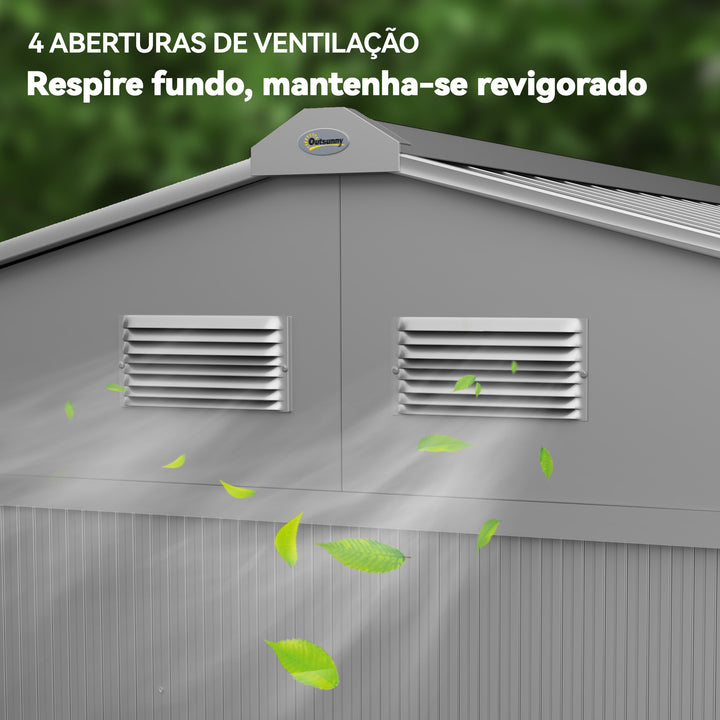 Abrigo de Jardim Exterior 4,9 m² 277x195x192cm Abrigo e Jardim Metálico para Armazenamento de Ferramentas com Base Incluída (Chão não Incluído) e 4 Janelas Cinzento