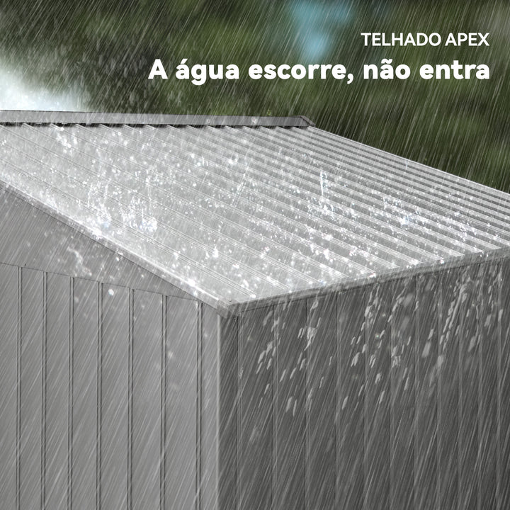 Abrigo de Jardim Exterior 4,9 m² 277x195x192cm Abrigo e Jardim Metálico para Armazenamento de Ferramentas com Base Incluída (Chão não Incluído) e 4 Janelas Cinzento