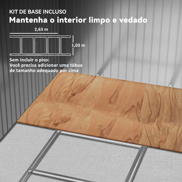 Abrigo de Jardim Exterior 4,9 m² 277x195x192cm Abrigo e Jardim Metálico para Armazenamento de Ferramentas com Base Incluída (Chão não Incluído) e 4 Janelas Cinzento