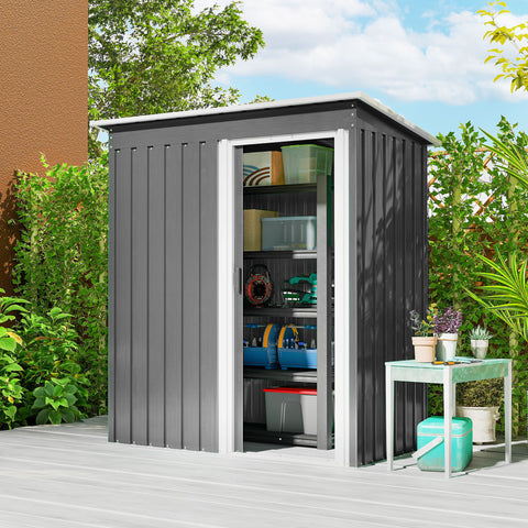 Abrigo de Jardim Exterior 163x89x182 cm Abrigo Metálico para Ferramentas com Porta de Correr e Teto Inclinado para Pátio Cinzento
